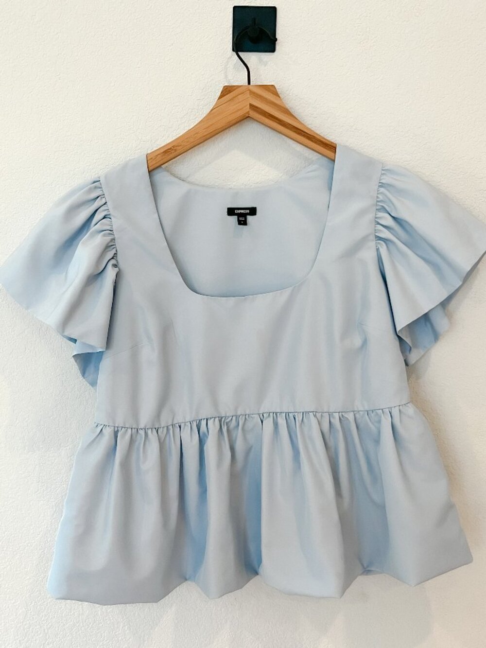Express Baby Blue Peplum Blouse – Square Neck – Puff Sleeves – Size S